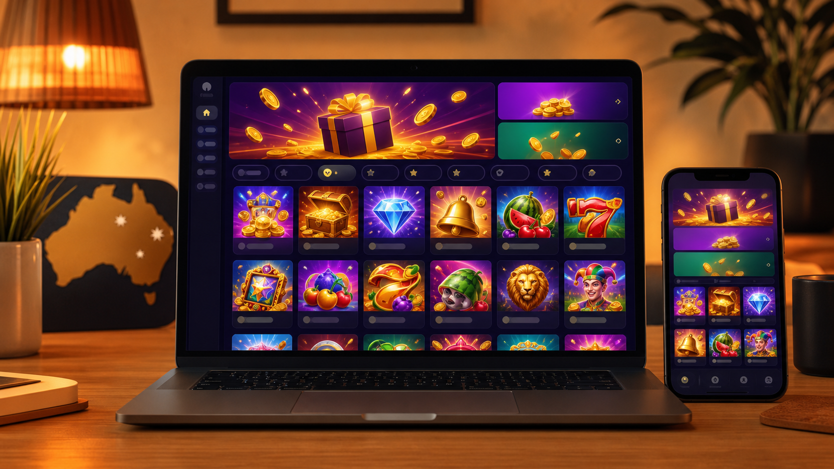 Australian online casino lobby on laptop and mobile